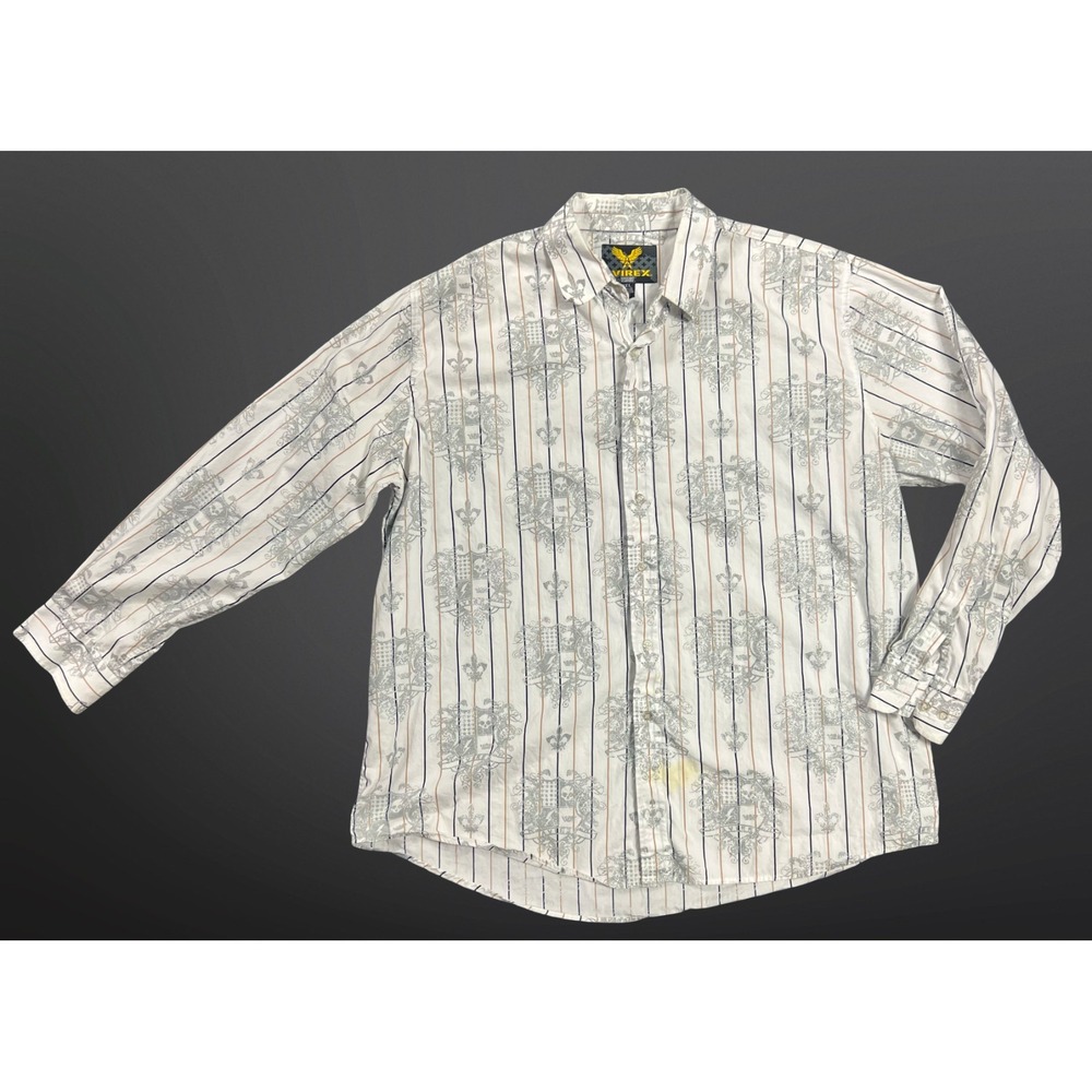 AVIREX Men 3XL White Glitter Skull Crest Striped Long Sleeve Button Up Shirt Y2K
